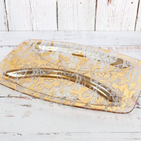 Mid-Century 22K Gold Leaf Divided Glass Tray Snack Platter Trinket Catch-All - Picture 2 of 6